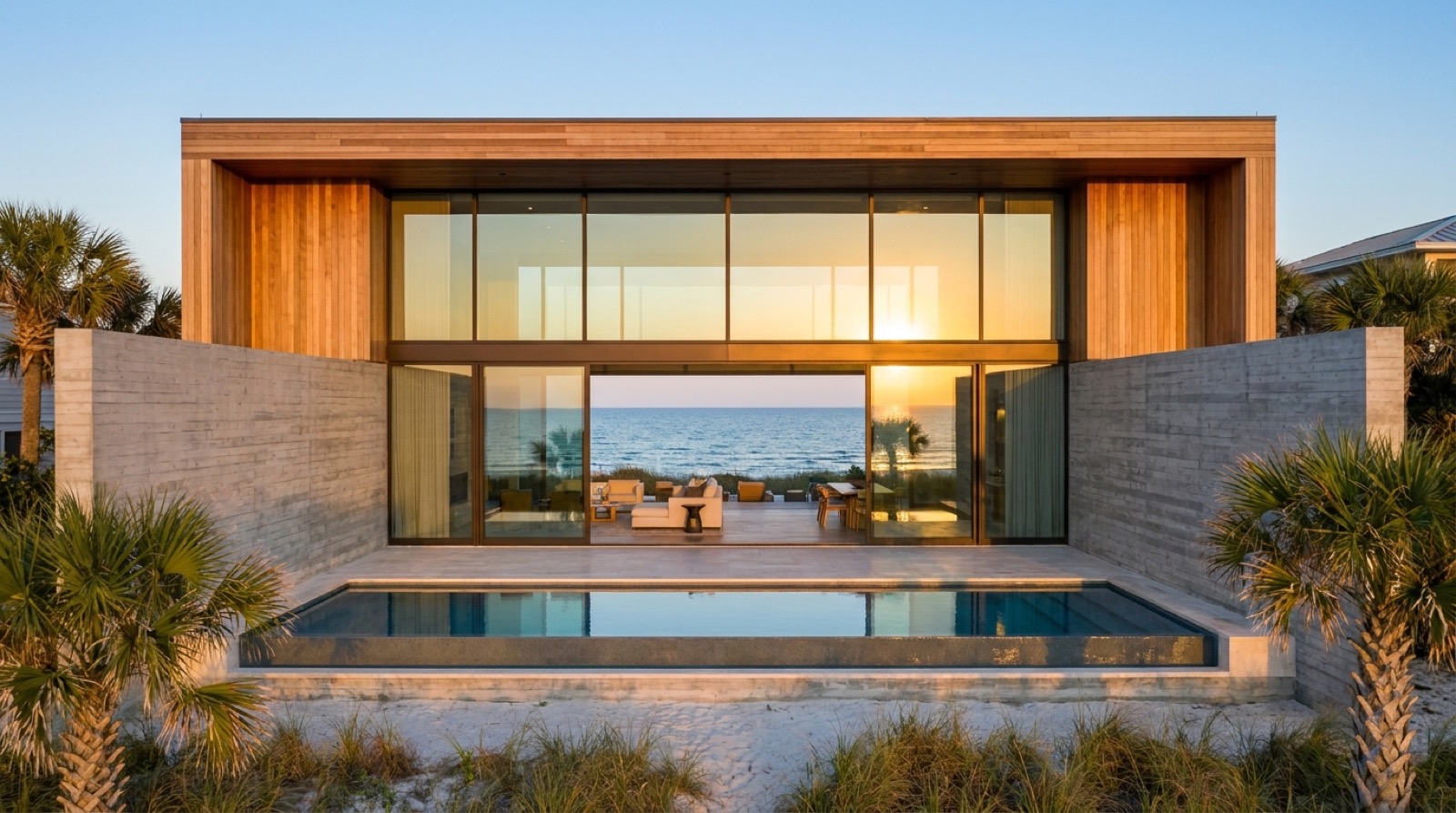 Minimalist modern beach house with floor-to-ceiling glass facing the Gulf.