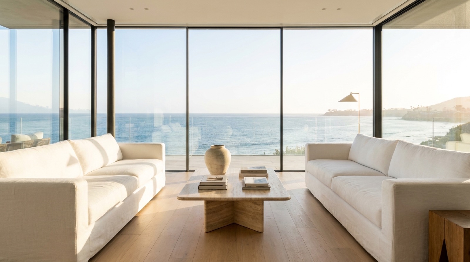 Luxury minimalist living room with floor-to-ceiling windows and soft coastal light.